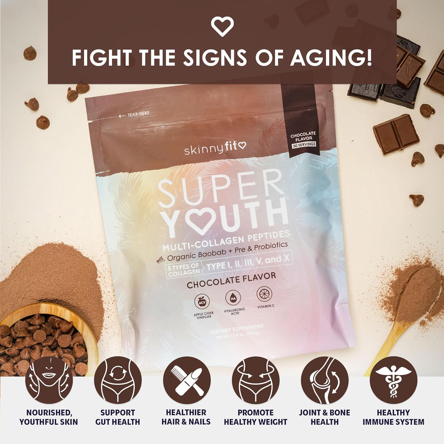 SkinnyFit Super Youth Chocolate Multi-Collagen Peptides with Probiotics, Baobab Fiber, Apple Cider Vinegar, Hyaluronic Acid, Vitamin C - Skin, Hair, Joint, Metabolism Support - 30 Servings