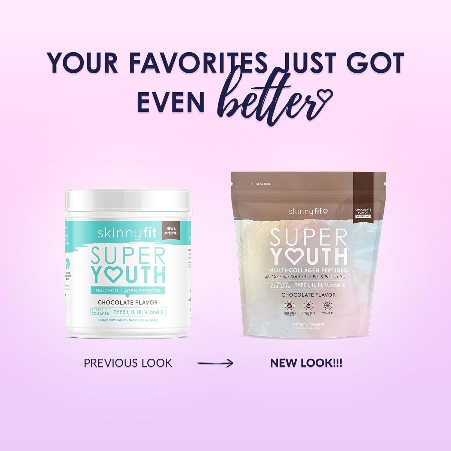 SkinnyFit Super Youth Chocolate Multi-Collagen Peptides with Probiotics, Baobab Fiber, Apple Cider Vinegar, Hyaluronic Acid, Vitamin C - Skin, Hair, Joint, Metabolism Support - 30 Servings
