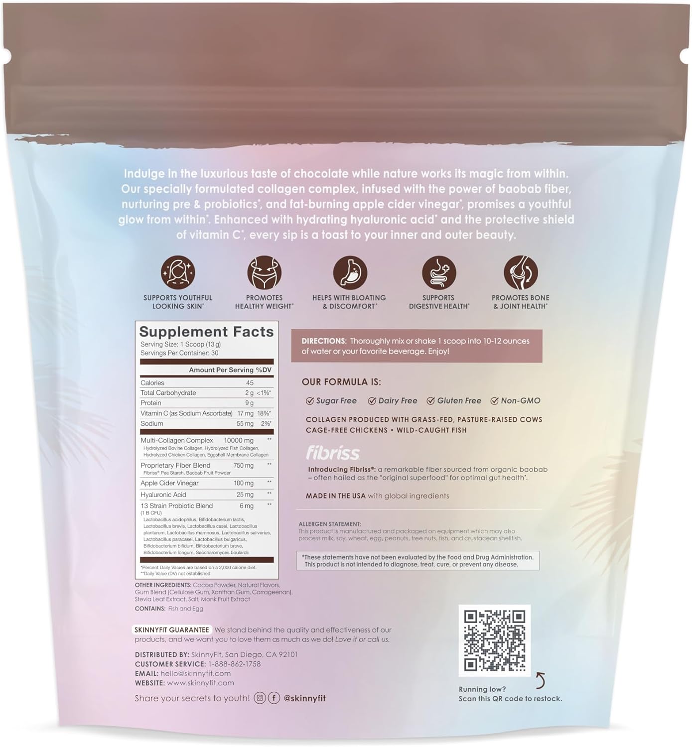 SkinnyFit Super Youth Chocolate Multi-Collagen Peptides with Probiotics, Baobab Fiber, Apple Cider Vinegar, Hyaluronic Acid, Vitamin C - Skin, Hair, Joint, Metabolism Support - 30 Servings