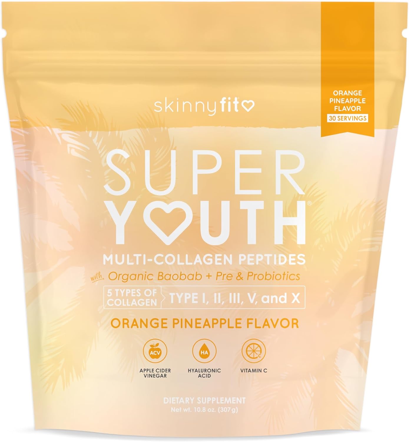 SkinnyFit Super Youth Collagen Peptides with Probiotics, Fiber, ACV, Hyaluronic Acid, Vitamin C - Skin, Hair, Joint & Metabolism Support - 30 Servings