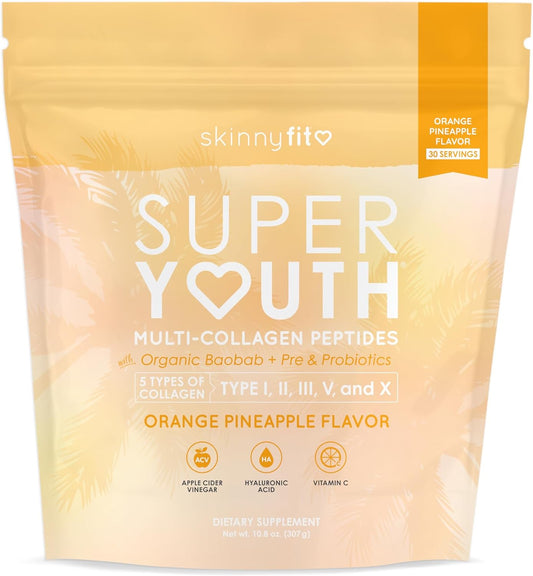 SkinnyFit Super Youth Collagen Peptides with Probiotics, Fiber, ACV, Hyaluronic Acid, Vitamin C - Skin, Hair, Joint & Metabolism Support - 30 Servings