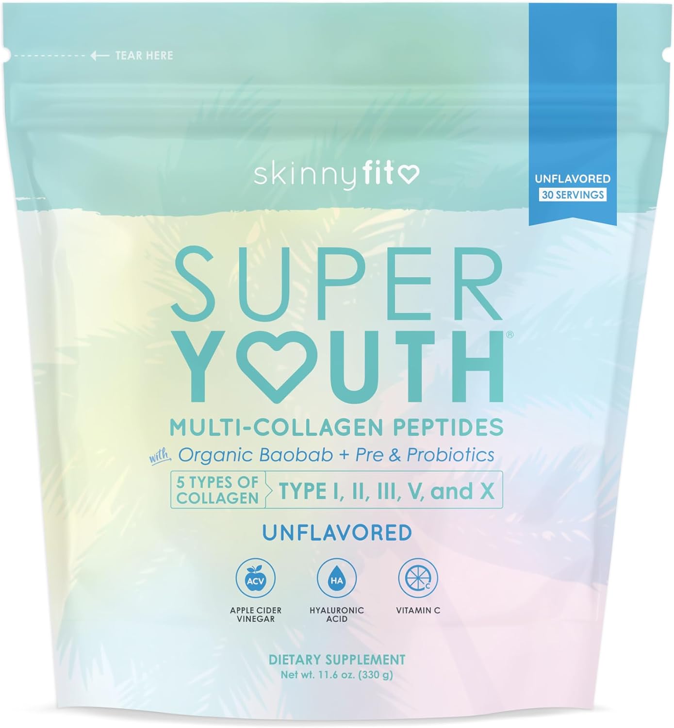 SkinnyFit Super Youth Collagen Peptides with Probiotics, Baobab Fiber, ACV, Hyaluronic Acid, Vitamin C - Skin, Hair, Joint & Metabolism Support - 30 Servings