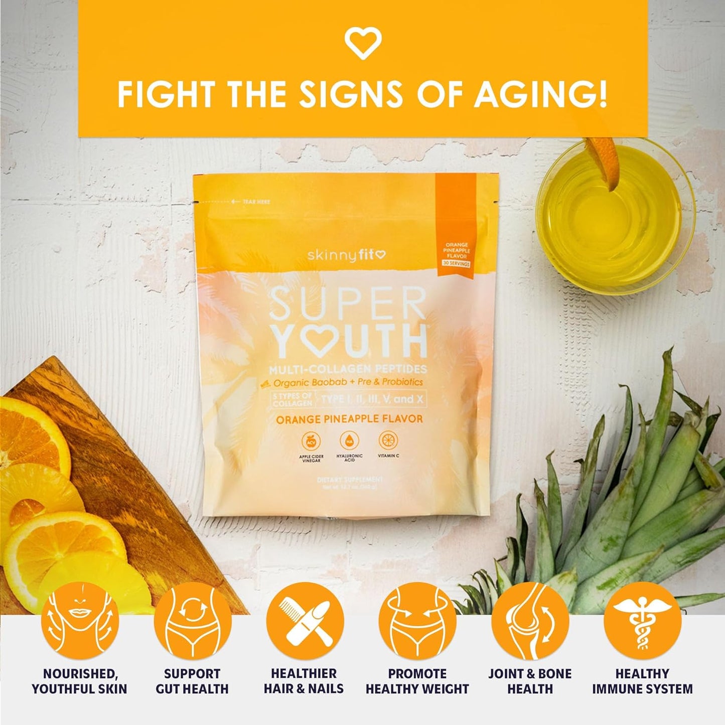 SkinnyFit Super Youth Collagen Peptides with Probiotics, Fiber, ACV, Hyaluronic Acid, Vitamin C - Skin, Hair, Joint & Metabolism Support - 30 Servings