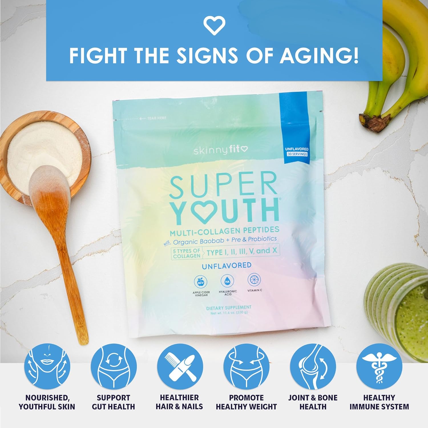 SkinnyFit Super Youth Collagen Peptides with Probiotics, Baobab Fiber, ACV, Hyaluronic Acid, Vitamin C - Skin, Hair, Joint & Metabolism Support - 30 Servings