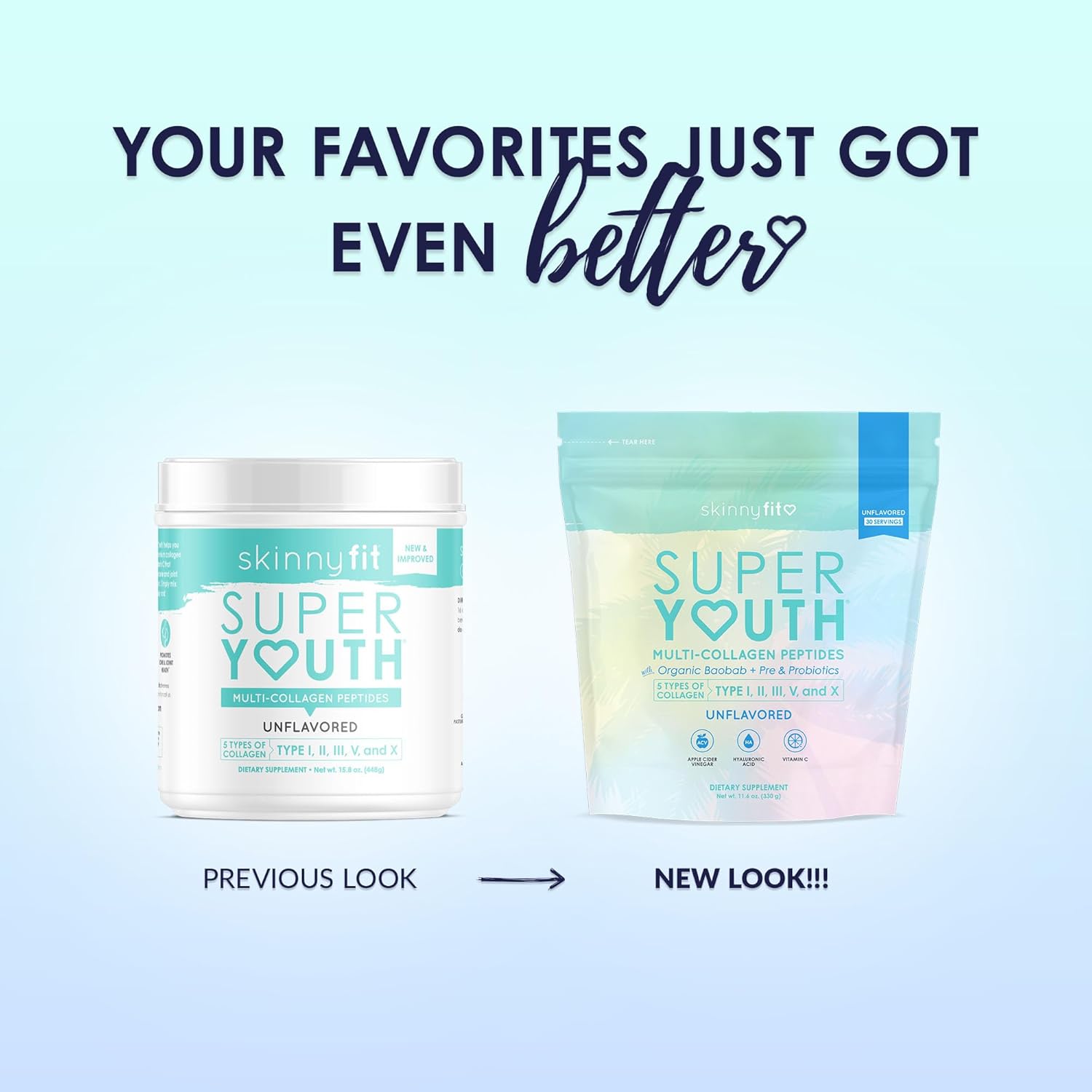 SkinnyFit Super Youth Collagen Peptides with Probiotics, Baobab Fiber, ACV, Hyaluronic Acid, Vitamin C - Skin, Hair, Joint & Metabolism Support - 30 Servings