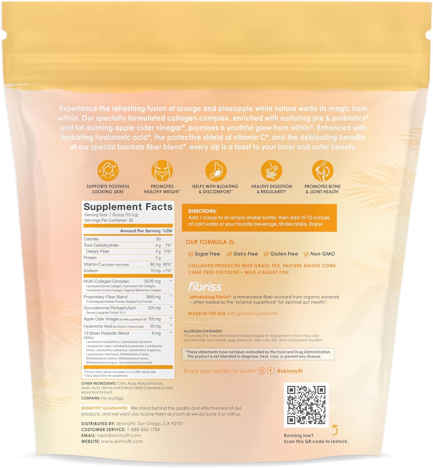 SkinnyFit Super Youth Collagen Peptides with Probiotics, Fiber, ACV, Hyaluronic Acid, Vitamin C - Skin, Hair, Joint & Metabolism Support - 30 Servings