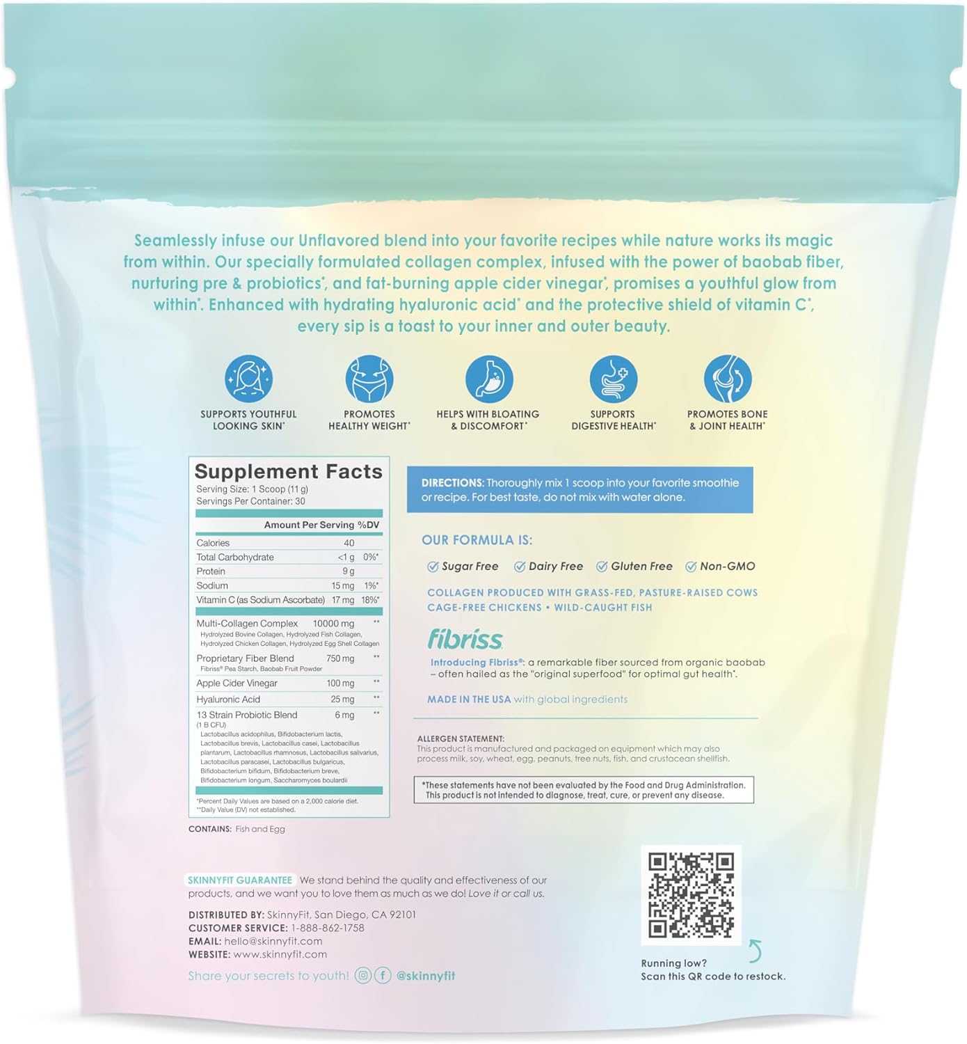 SkinnyFit Super Youth Collagen Peptides with Probiotics, Baobab Fiber, ACV, Hyaluronic Acid, Vitamin C - Skin, Hair, Joint & Metabolism Support - 30 Servings