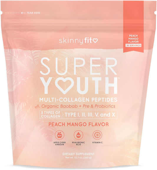 SkinnyFit Super Youth Peach Mango Multi-Collagen Peptides with Probiotics, Baobab Fiber, Apple Cider Vinegar, Hyaluronic Acid, and Vitamin C for Skin, Hair, Joint, and Metabolism Support - 30 Servings