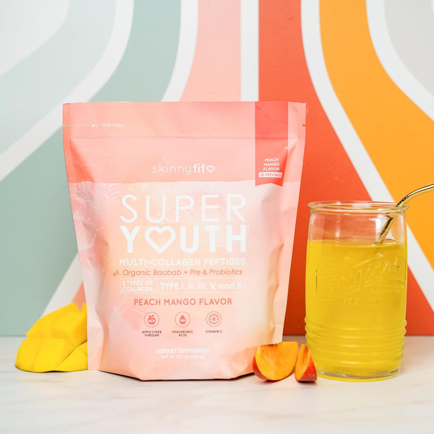 SkinnyFit Super Youth Peach Mango Multi-Collagen Peptides with Probiotics, Baobab Fiber, Apple Cider Vinegar, Hyaluronic Acid, and Vitamin C for Skin, Hair, Joint, and Metabolism Support - 30 Servings