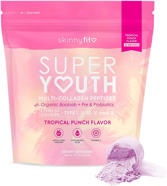 SkinnyFit Super Youth Tropical Punch Collagen Peptides with Probiotics, Baobab Fiber, ACV, Hyaluronic Acid, Vitamin C - Skin, Hair, Joint & Metabolism Support - 30 Servings