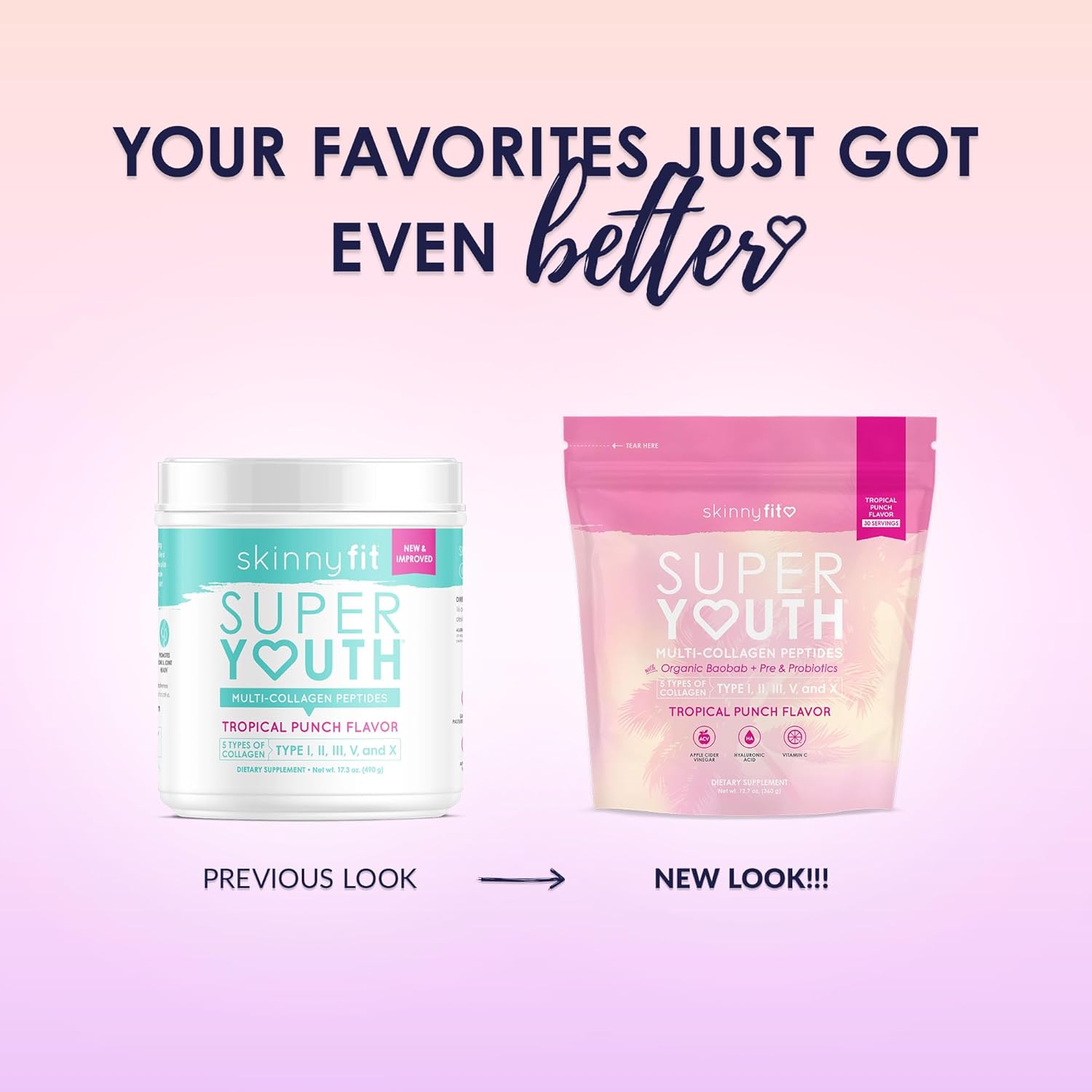 SkinnyFit Super Youth Tropical Punch Collagen Peptides with Probiotics, Baobab Fiber, ACV, Hyaluronic Acid, Vitamin C - Skin, Hair, Joint & Metabolism Support - 30 Servings