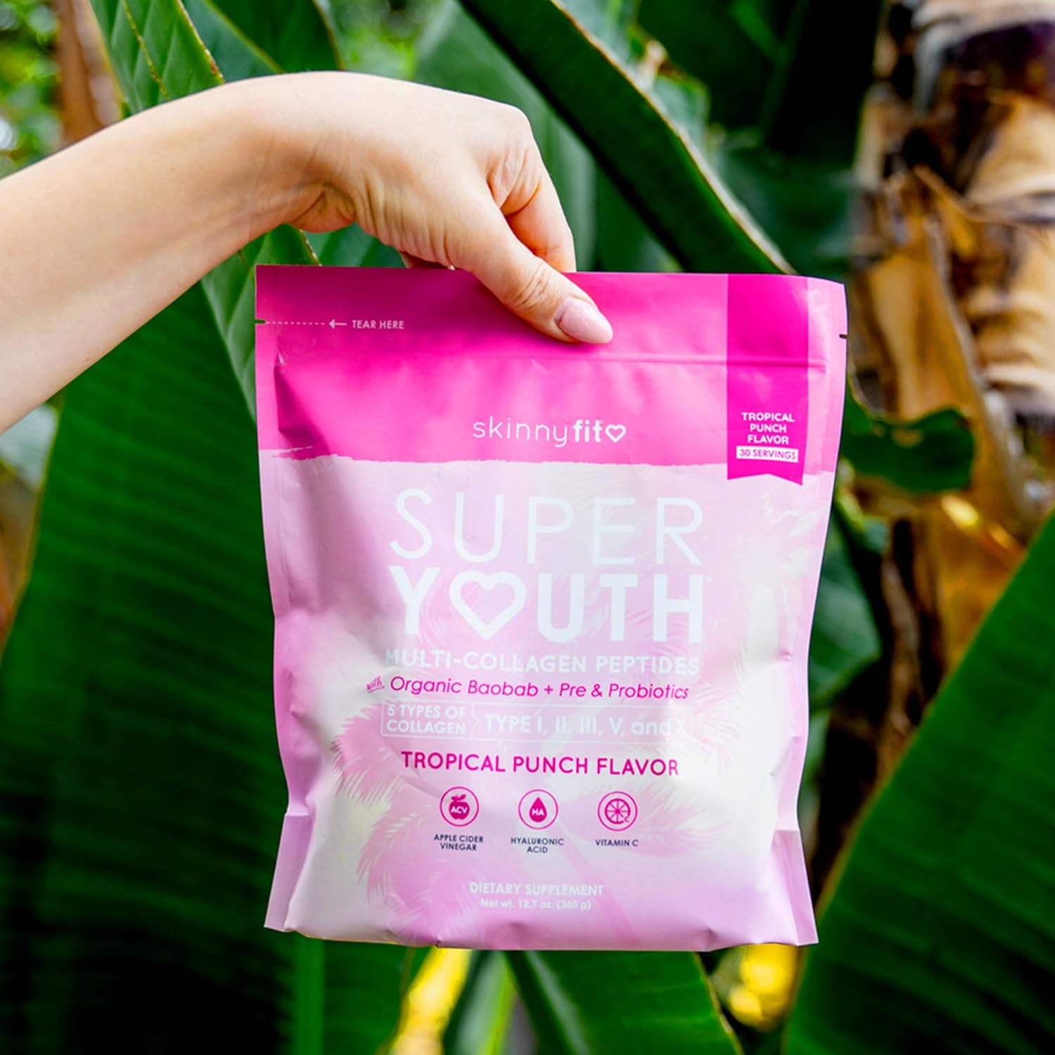 SkinnyFit Super Youth Tropical Punch Collagen Peptides with Probiotics, Baobab Fiber, ACV, Hyaluronic Acid, Vitamin C - Skin, Hair, Joint & Metabolism Support - 30 Servings