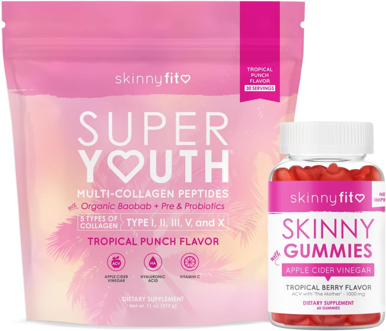 SkinnyFit Super Youth Tropical Punch & Gummies - Collagen Boosting Supplement for Skin & Overall Health