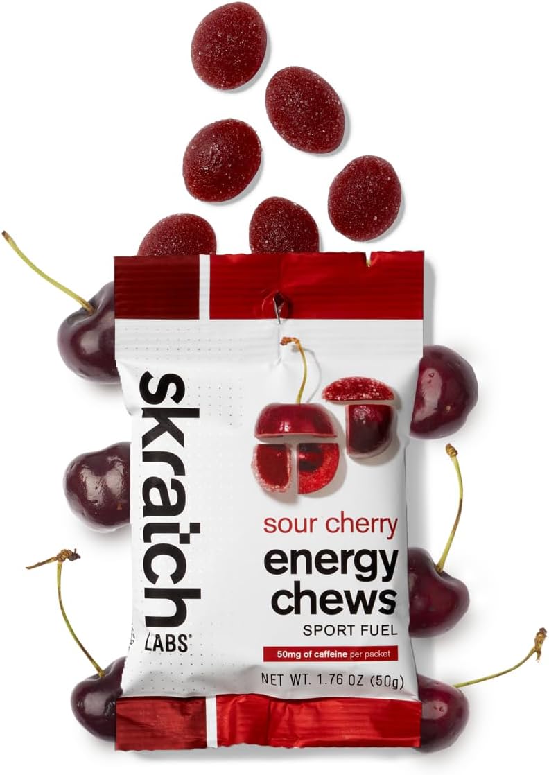Skratch Labs Sour Cherry Energy Chews - Gluten Free & Vegan - 10 Pack for Running, Cycling, Performance