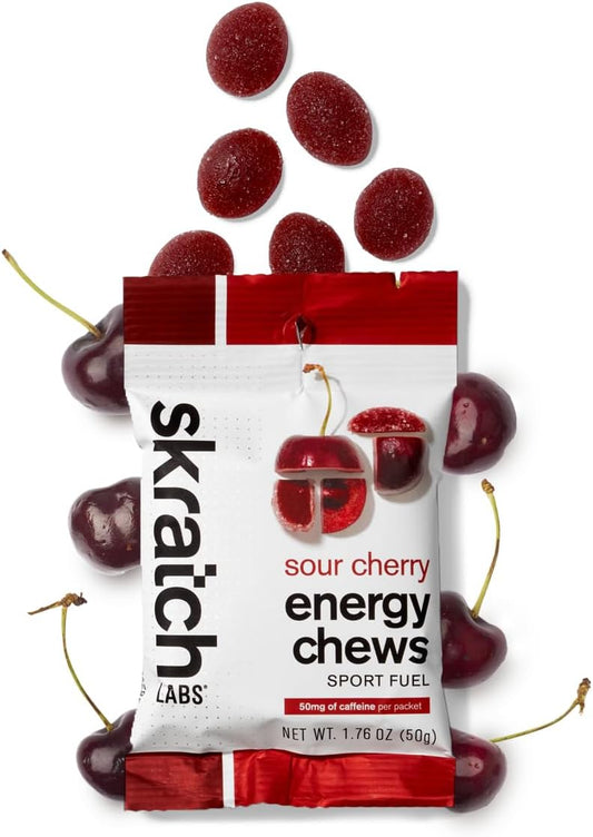 Skratch Labs Sour Cherry Energy Chews - Gluten Free & Vegan - 10 Pack for Running, Cycling, Performance
