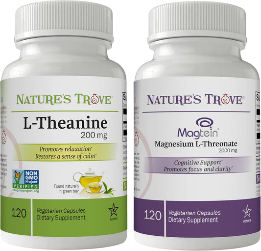 Sleep & Stress Relief Bundle: L-Theanine 200mg & Magtein Magnesium L-Threonate 2000mg Supplements by Nature's Trove
