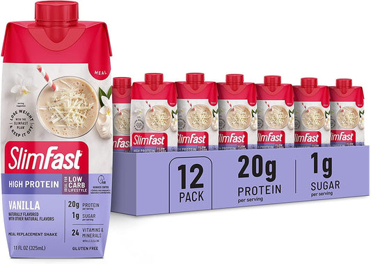 SlimFast Vanilla Protein Shake - Ready-to-Drink Meal Replacement with 20g Protein, Low Carb & Sugar, 24 Vitamins - 12 Count Pack