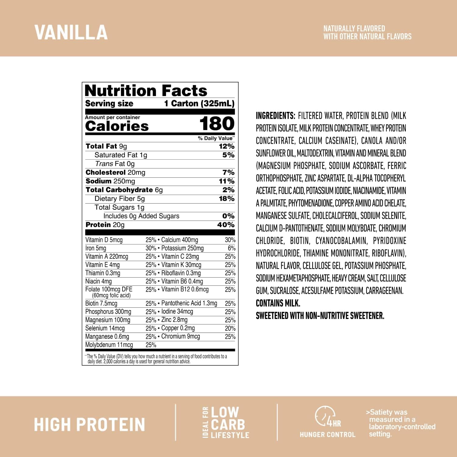 SlimFast Vanilla Protein Shake - Ready-to-Drink Meal Replacement with 20g Protein, Low Carb & Sugar, 24 Vitamins - 12 Count Pack