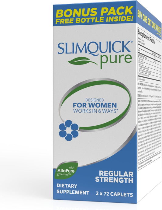 Slimquick Pure 3x Regular Strength Pills for Women with AlloPure Green Tea and Caffeine - 2x72 Capsules, Supports Weight Loss and Metabolism