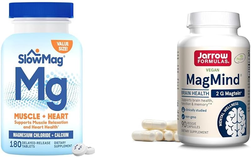 Slow-Mag Muscle & Heart Magnesium Chloride with Calcium to Support Muscle Relaxation + Jarrow Formulas MagMind Brain Health with Magtein Dietary Supplement