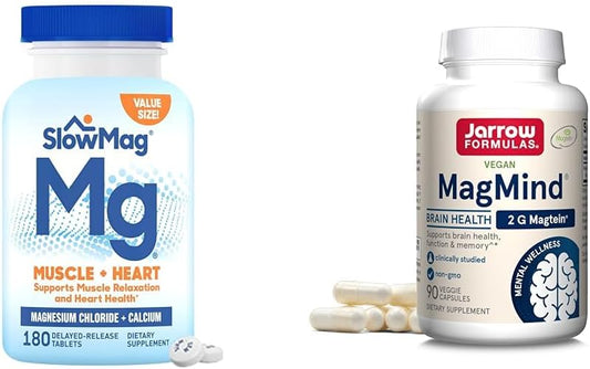 Slow-Mag Muscle & Heart Magnesium Chloride with Calcium to Support Muscle Relaxation + Jarrow Formulas MagMind Brain Health with Magtein Dietary Supplement