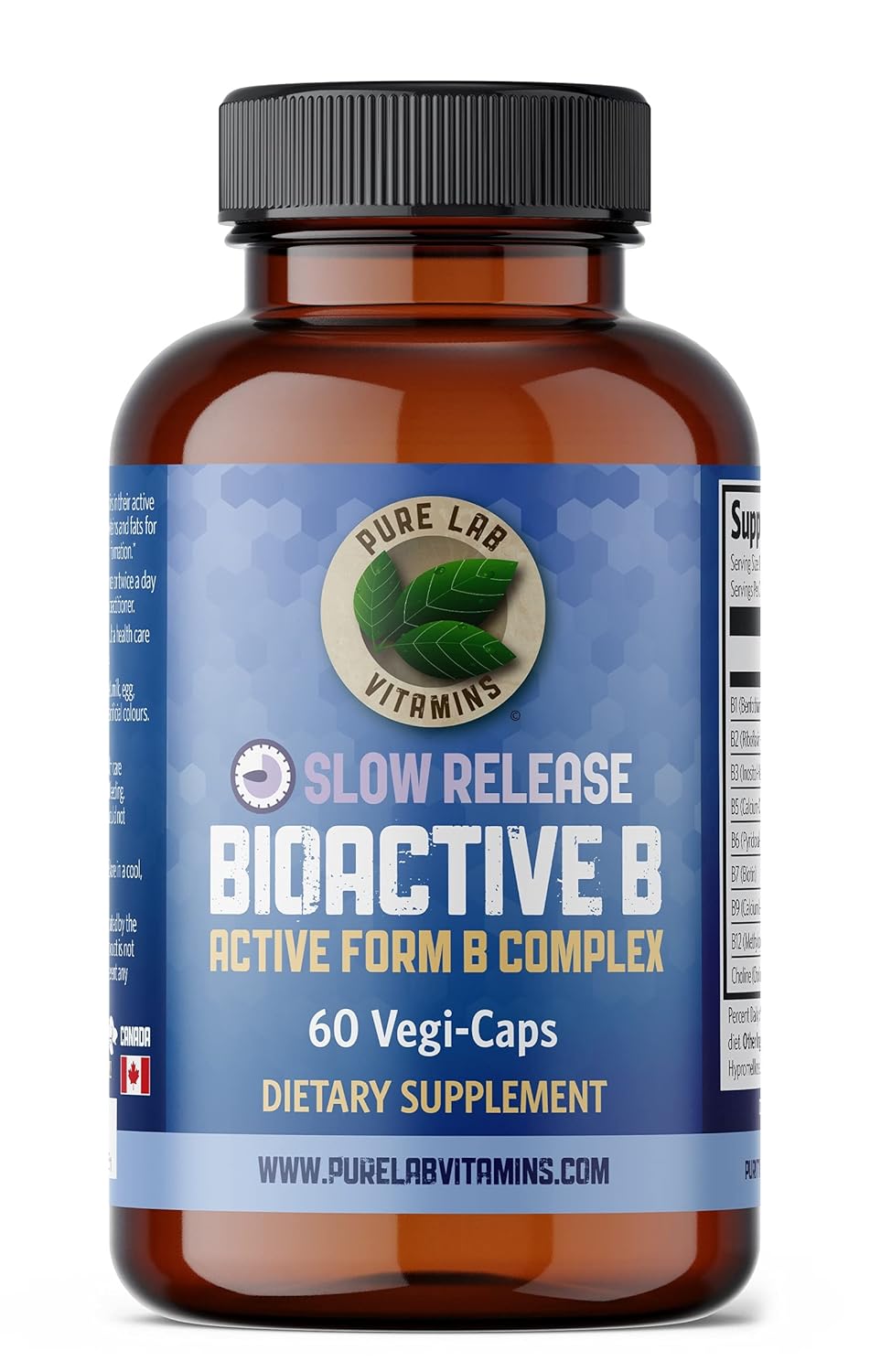 Slow Release Bioactive B Complex Supplement - 60 Vegan Capsules with B1, B2, B3, B5, B6, B7, B9, B12 - 30 Days Supply, Gluten & Sugar Free - Made in Canada