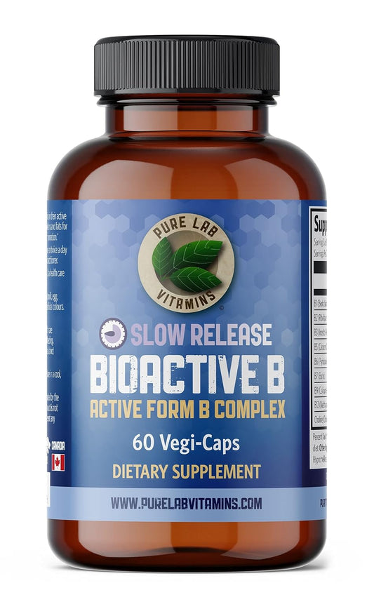 Slow Release Bioactive B Complex Supplement - 60 Vegan Capsules with B1, B2, B3, B5, B6, B7, B9, B12 - 30 Days Supply, Gluten & Sugar Free - Made in Canada