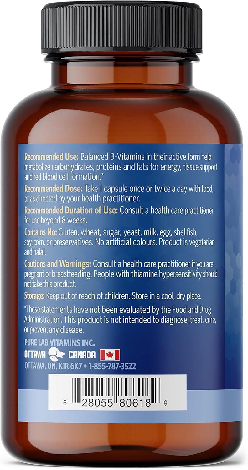 Slow Release Bioactive B Complex Vitamins - 120 Capsules for Metabolic Support & Immune System - Pure Lab B-Complex Supplements for Men and Women
