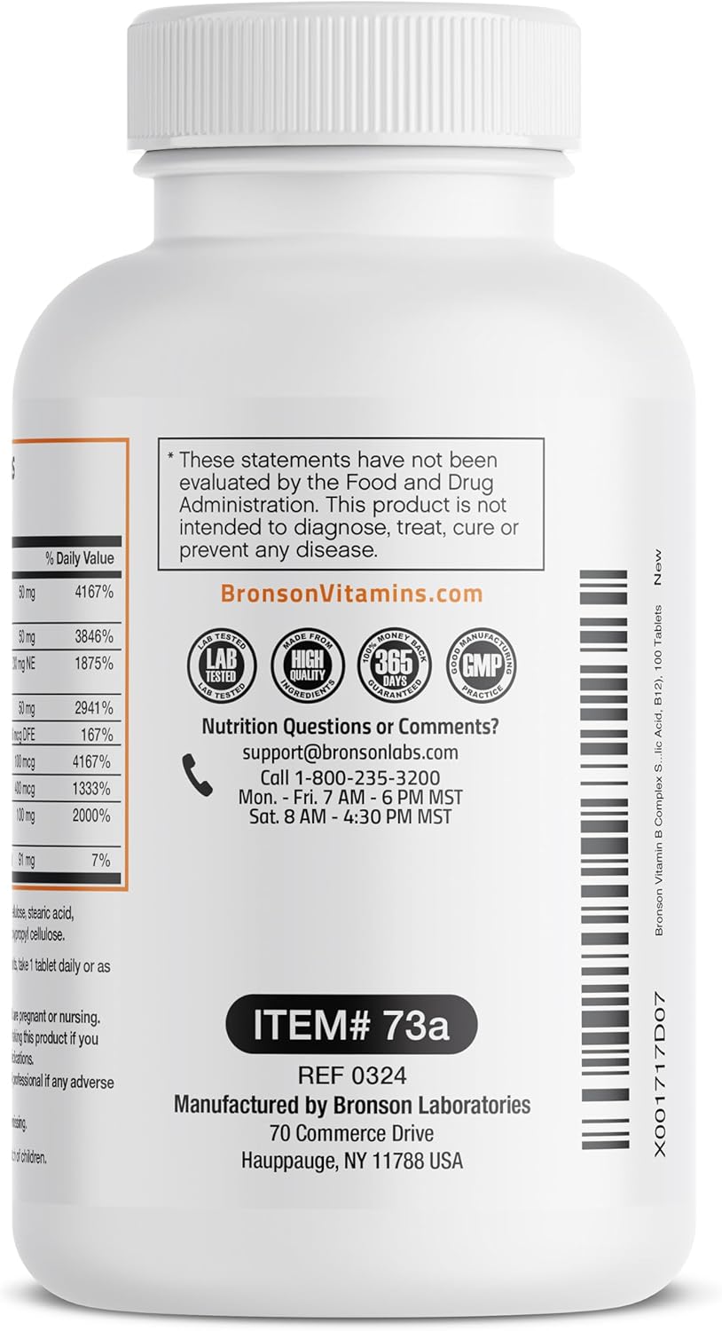 Slow Release Bronson Super B Vitamin B Complex - 100 Tablets with Vitamin B1, B2, B3, B6, Folic Acid, B12 - Complete B Vitamin Supplement