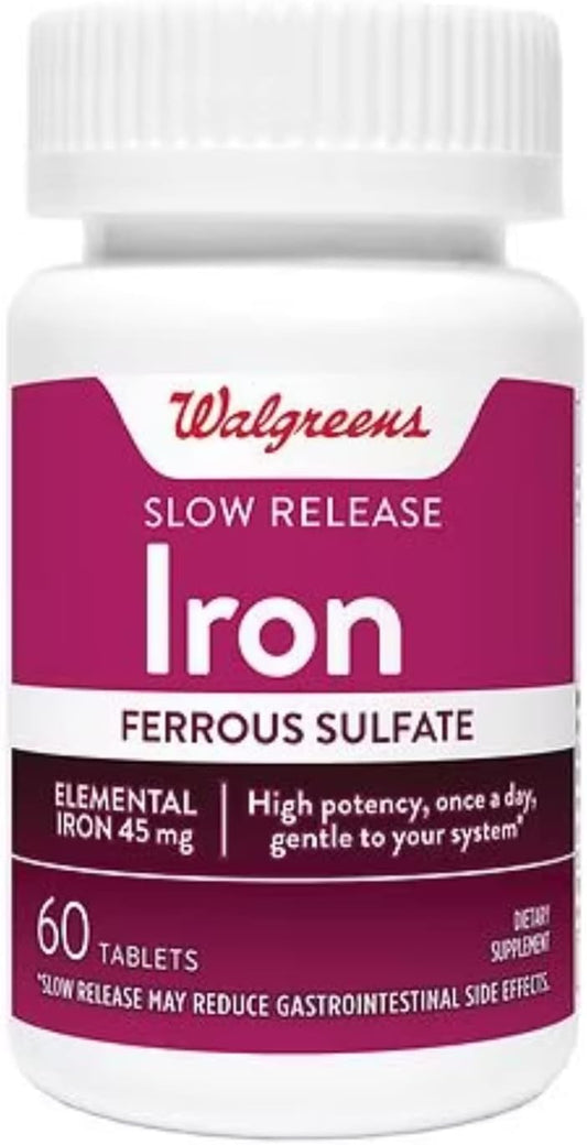Slow Release High Potency Iron Supplement, Ferrous Sulfate 45mg Tablets, 60 Count