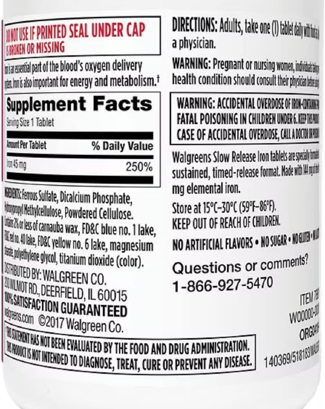 Slow Release High Potency Iron Supplement, Ferrous Sulfate 45mg Tablets, 60 Count