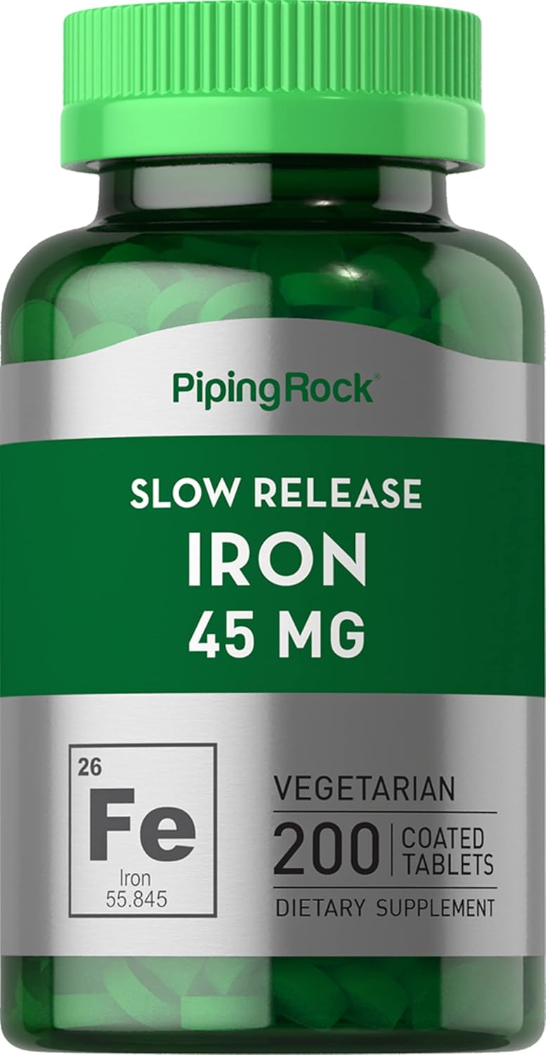 Slow Release Iron Supplement 45 mg | 200 Tablets | for Men & Women | Ferrous Sulfate | Vegetarian, Non-GMO & Gluten Free