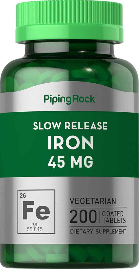 Slow Release Iron Supplement 45 mg | 200 Tablets | for Men & Women | Ferrous Sulfate | Vegetarian, Non-GMO & Gluten Free
