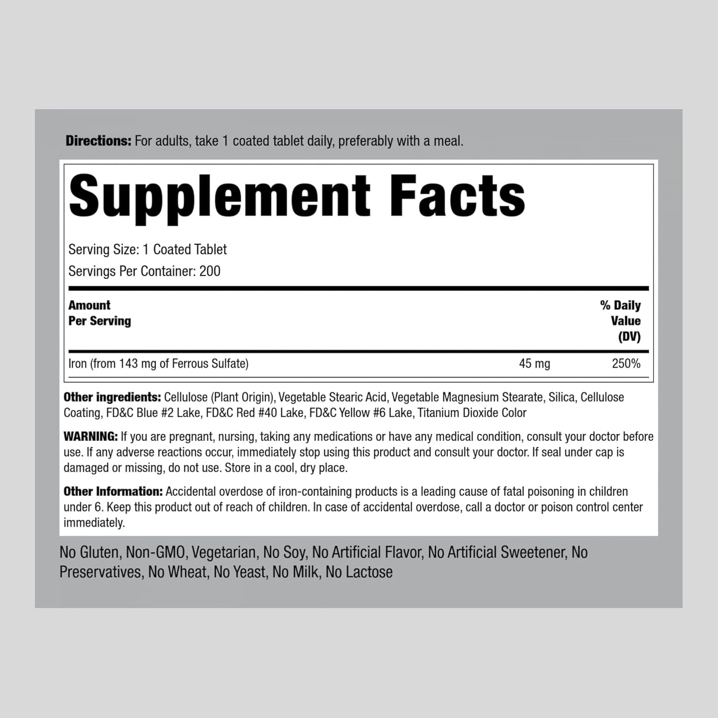 Slow Release Iron Supplement 45 mg | 200 Tablets | for Men & Women | Ferrous Sulfate | Vegetarian, Non-GMO & Gluten Free