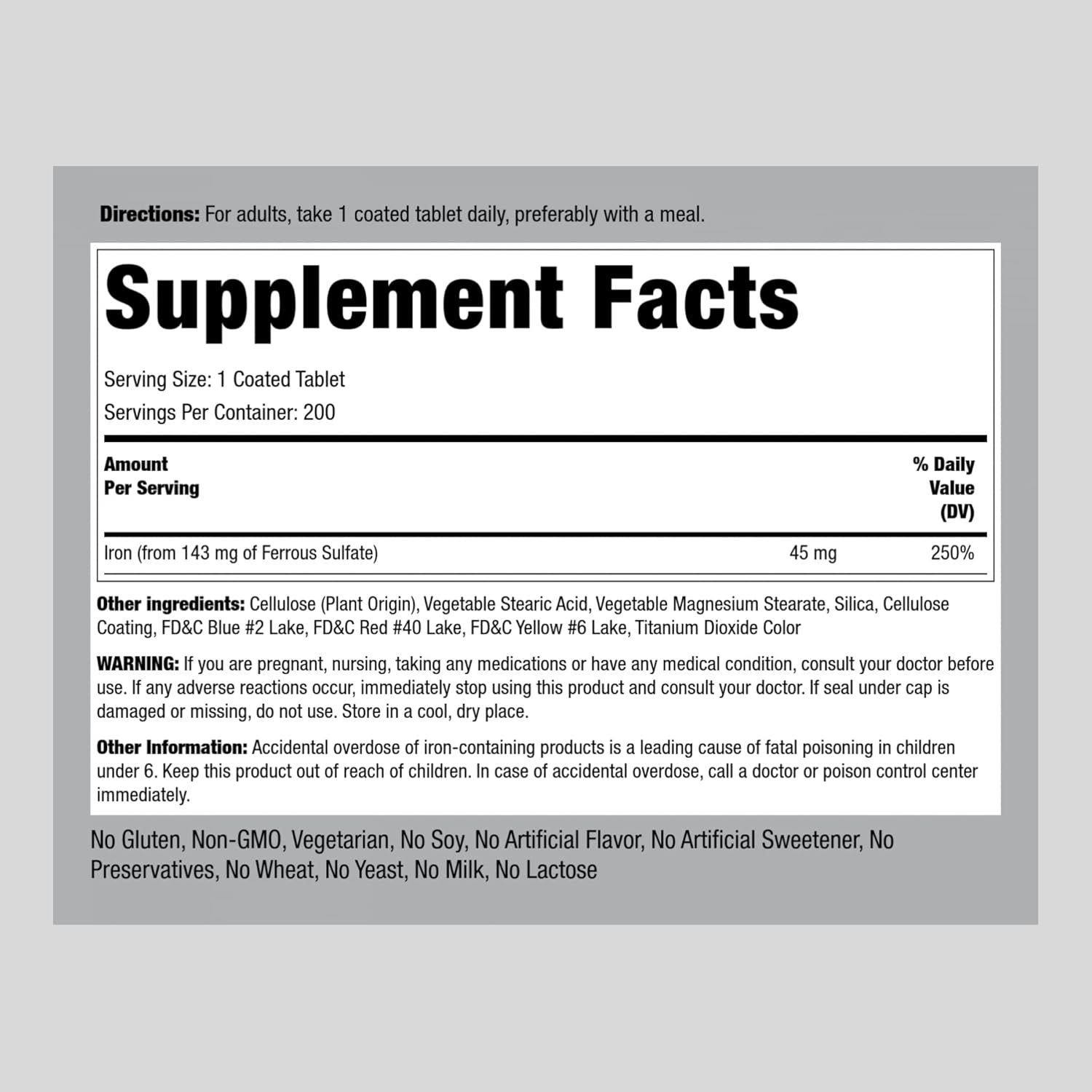 Slow Release Iron Supplement 45 mg | 200 Tablets | for Men & Women | Ferrous Sulfate | Vegetarian, Non-GMO & Gluten Free