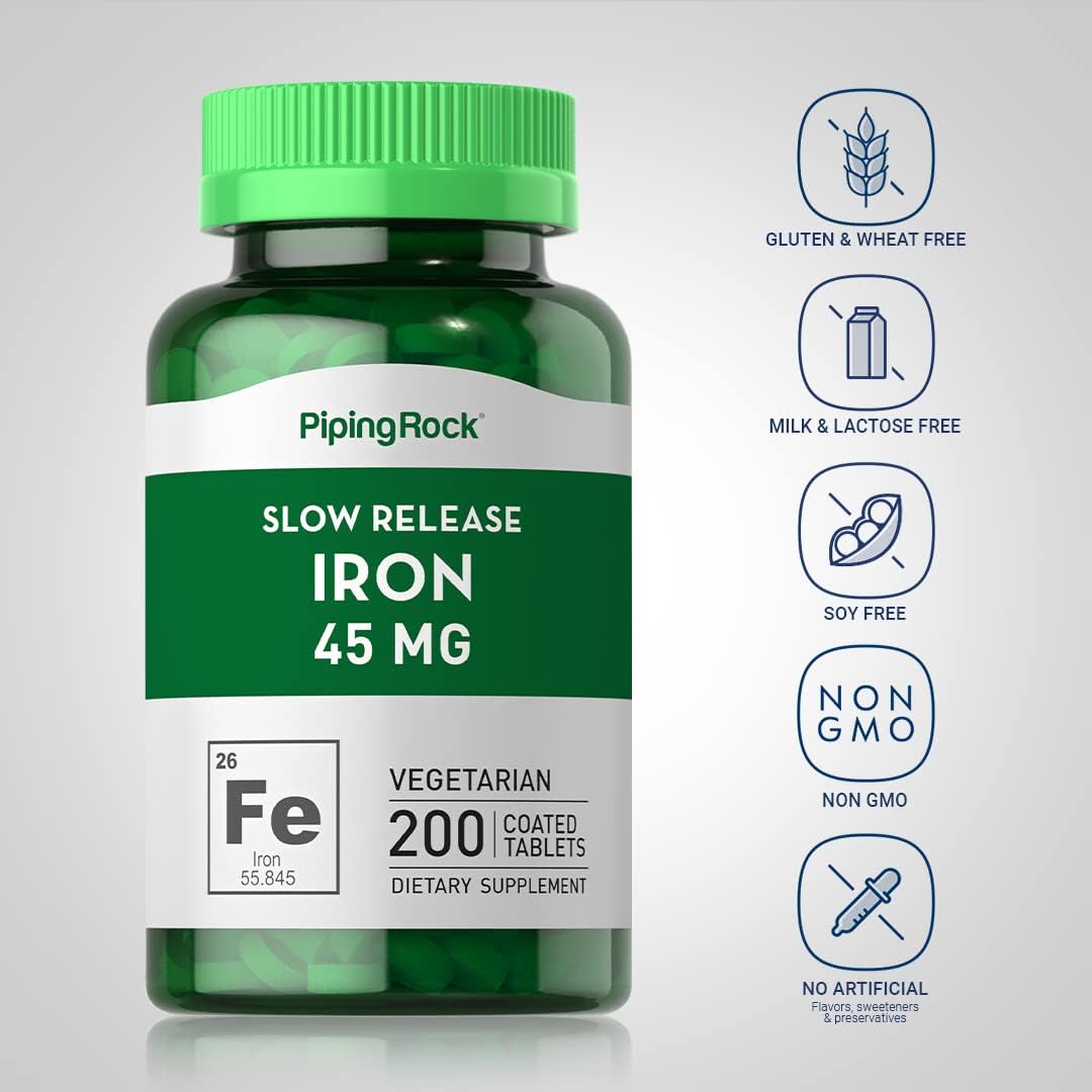 Slow Release Iron Supplement 45 mg | 200 Tablets | for Men & Women | Ferrous Sulfate | Vegetarian, Non-GMO & Gluten Free