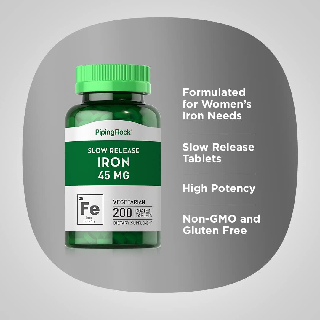 Slow Release Iron Supplement 45 mg | 200 Tablets | for Men & Women | Ferrous Sulfate | Vegetarian, Non-GMO & Gluten Free