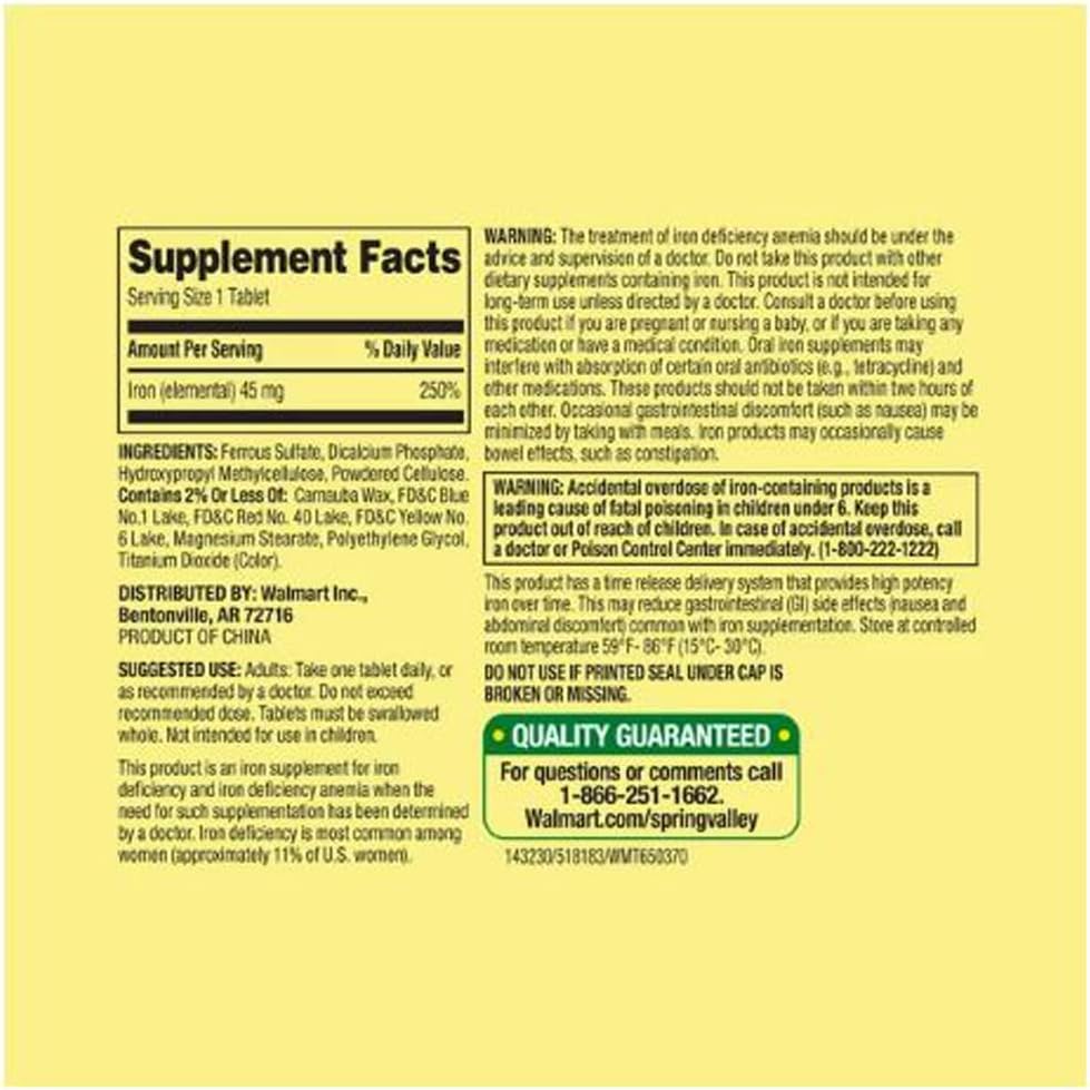 Slow-Release Iron Tablets Dietary Supplement by Spring Valley - 45 mg, 30 Count