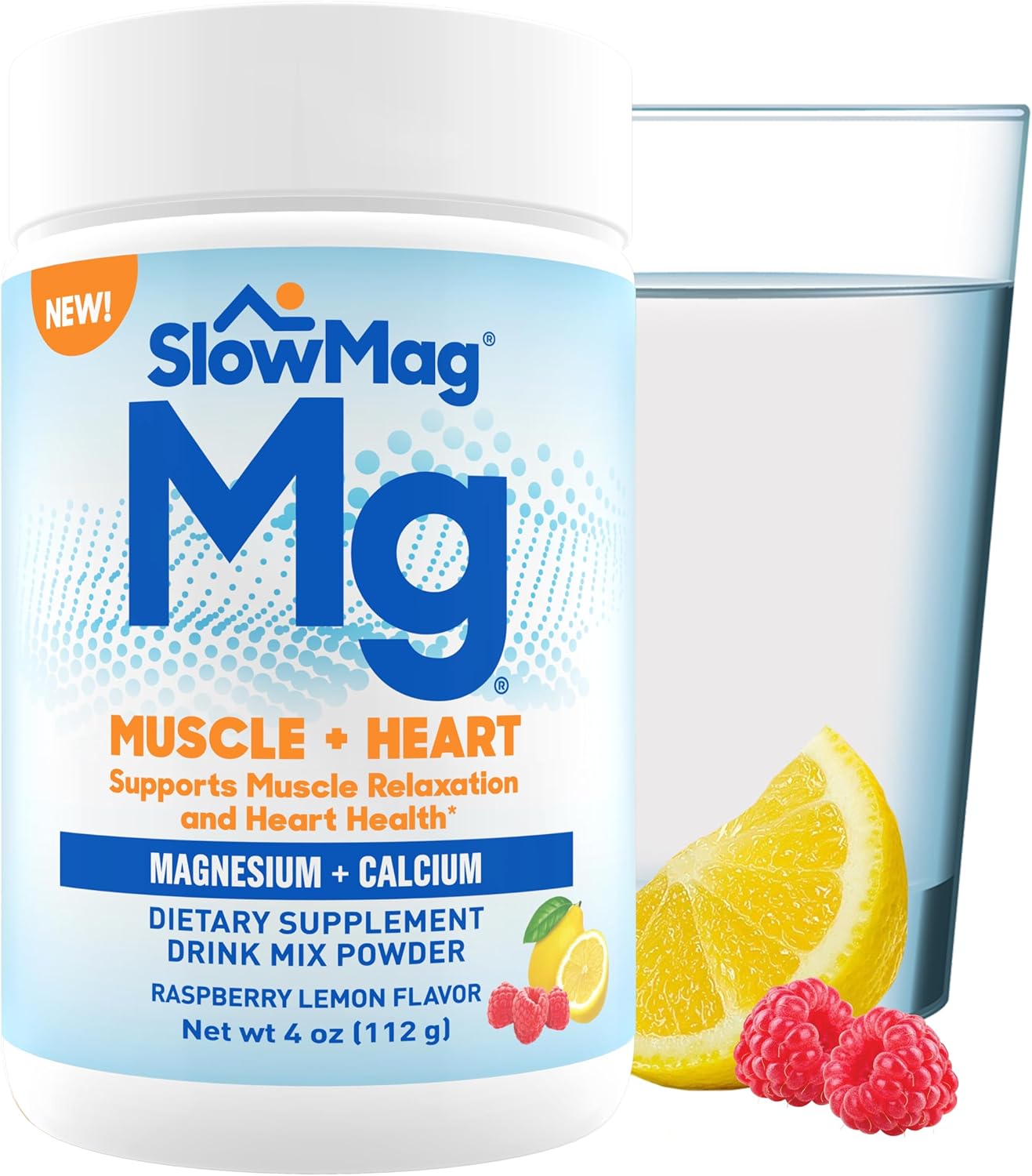 SlowMag Raspberry Lemon Magnesium Powder Drink Mix - 4oz, Supports Muscle Relaxation & Heart Health, with Calcium Supplement