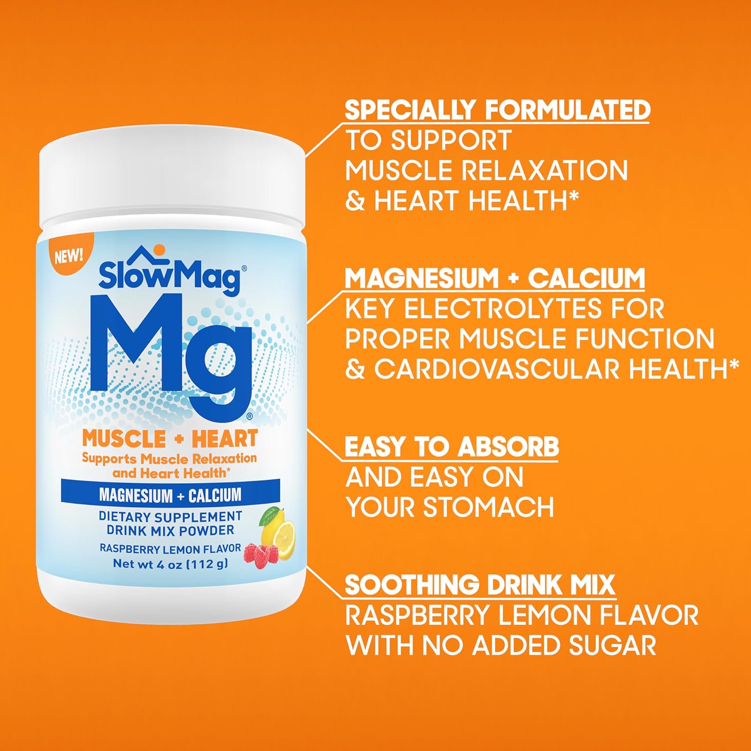 SlowMag Raspberry Lemon Magnesium Powder Drink Mix - 4oz, Supports Muscle Relaxation & Heart Health, with Calcium Supplement