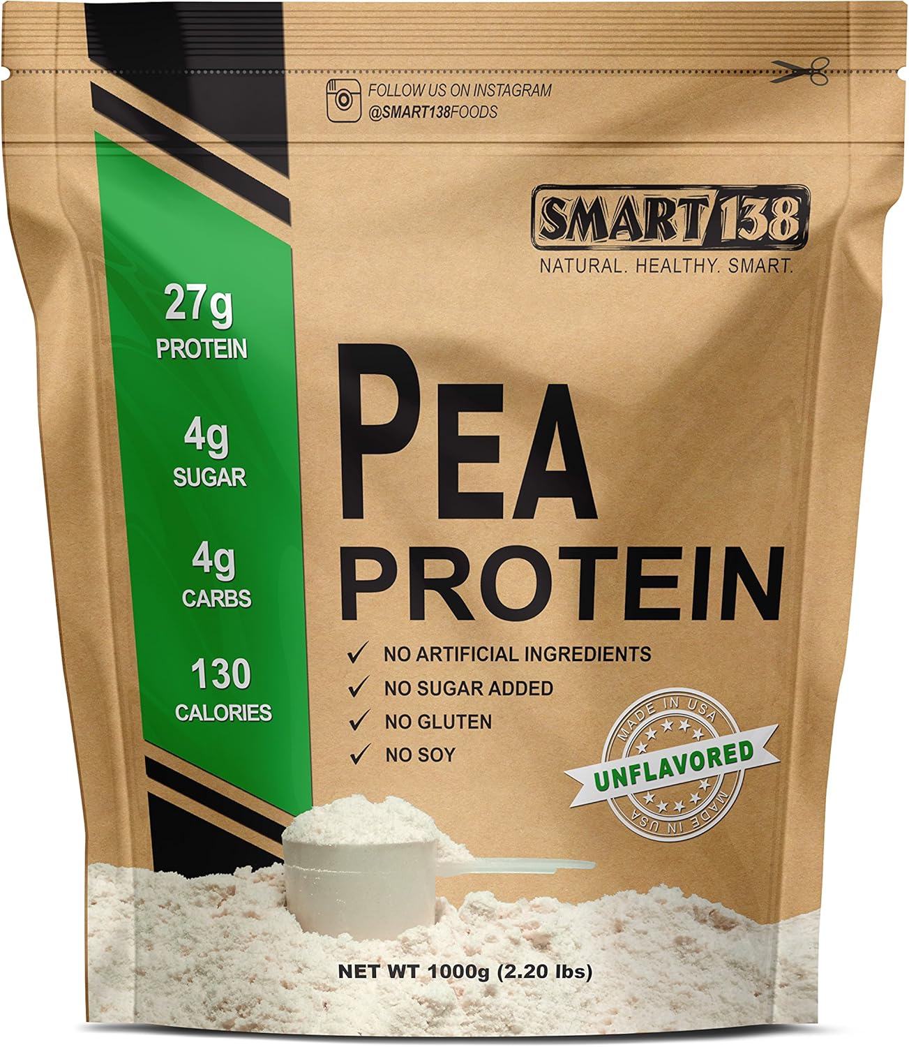 Smart138 100% Pure Pea Protein Powder - Vegan, Gluten-Free, Soy-Free, Dairy-Free, Non-GMO, Keto Friendly - Natural BCAAs - 1000g Unflavored