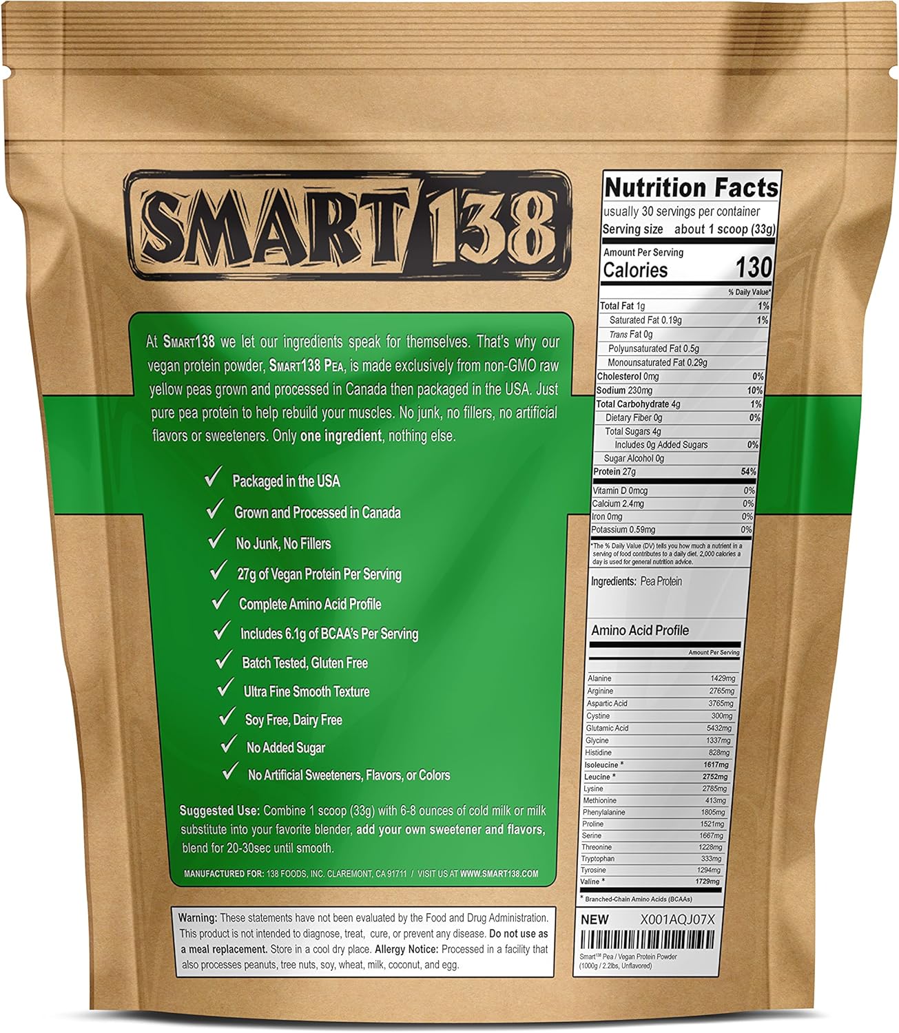 Smart138 100% Pure Pea Protein Powder - Vegan, Gluten-Free, Soy-Free, Dairy-Free, Non-GMO, Keto Friendly - Natural BCAAs - 1000g Unflavored