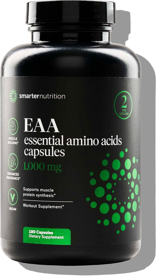 Smarter Nutrition Essential Amino Acids Capsules - 1g/Serving - Supports Muscle Mass & Exercise - Non-GMO, Vegan, Gluten Free - 180 Count