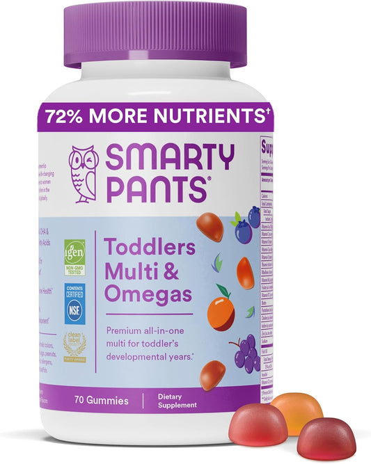 SmartyPants Toddler Multivitamin Gummies with Omega 3 Fish Oil, Vitamin D3, C, B12, B6, A, K & Zinc, Three Fruit Flavors - 70 Count