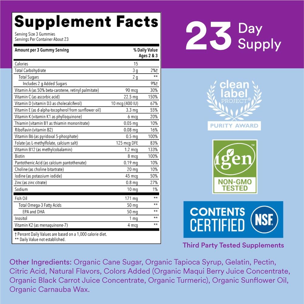SmartyPants Toddler Multivitamin Gummies with Omega 3 Fish Oil, Vitamin D3, C, B12, B6, A, K & Zinc, Three Fruit Flavors - 70 Count