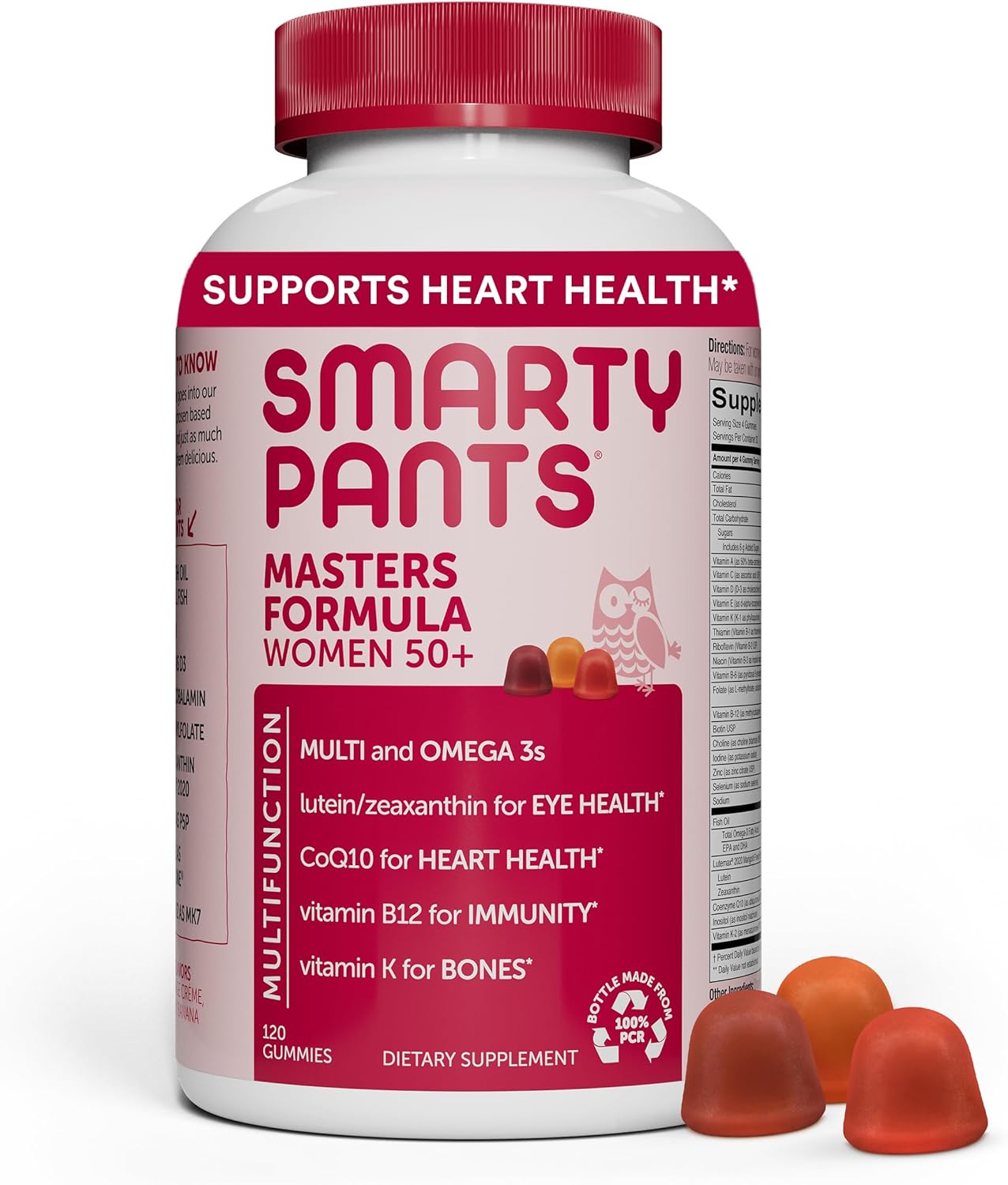 SmartyPants Women's 50+ Multivitamin Gummy with Omega 3 Fish Oil, Methylfolate, CoQ10, Vitamin D3, C, B12, B6, A, K, Zinc, Biotin - 120 Count