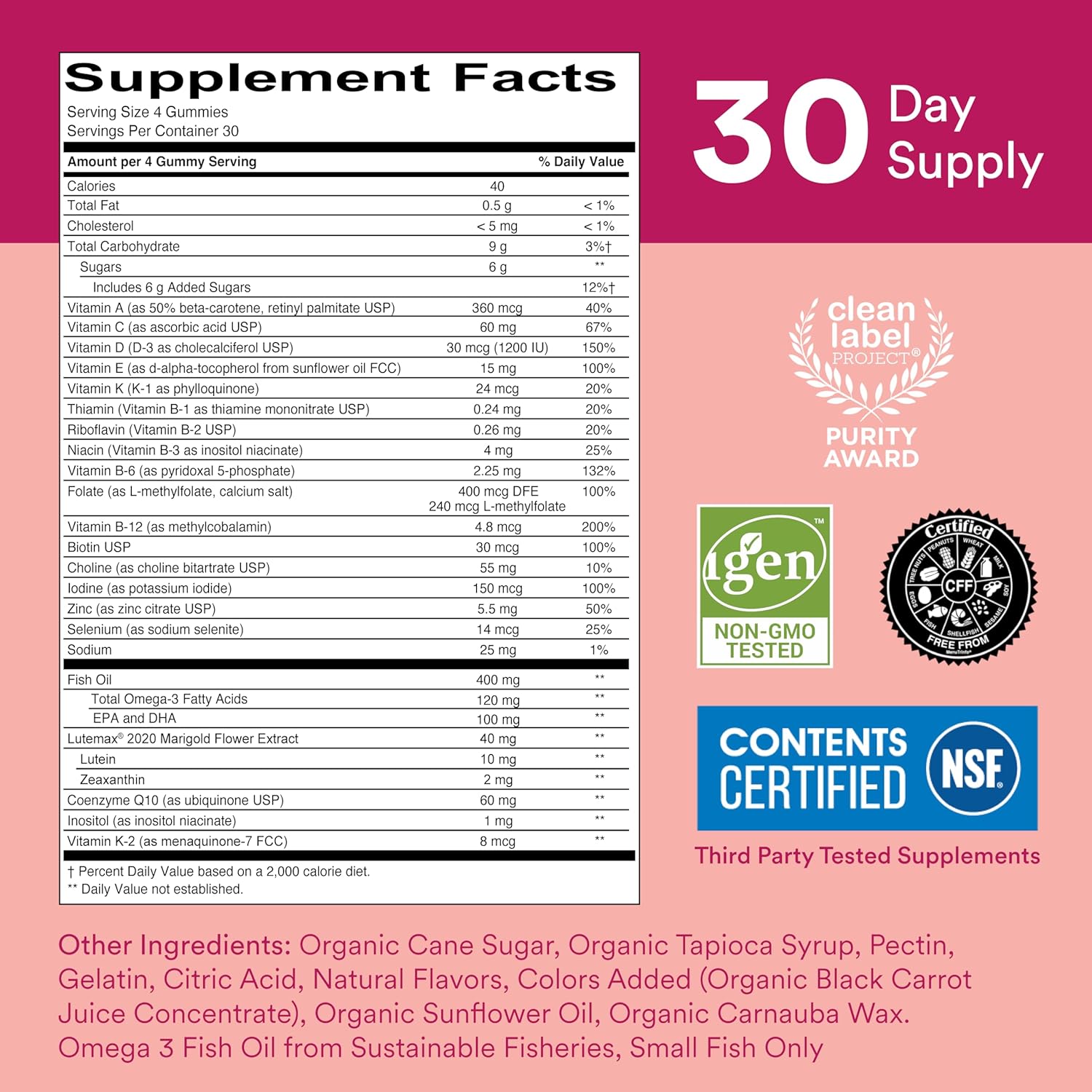 SmartyPants Women's 50+ Multivitamin Gummy with Omega 3 Fish Oil, Methylfolate, CoQ10, Vitamin D3, C, B12, B6, A, K, Zinc, Biotin - 120 Count