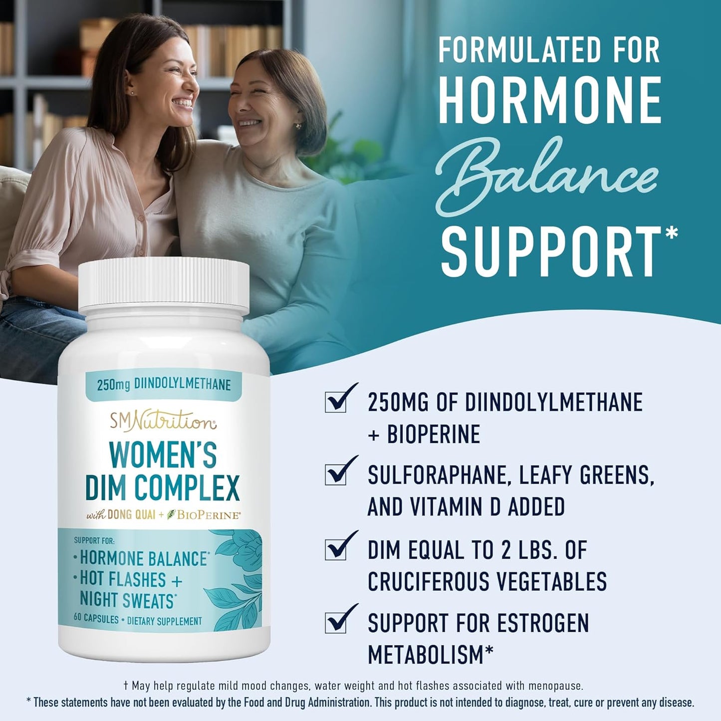 SMNutrition DIM Supplement Complex 250mg - Estrogen Balance & Menopause Relief for Women - Hot Flashes, Night Sweats, Dong Quai - 60 Ct