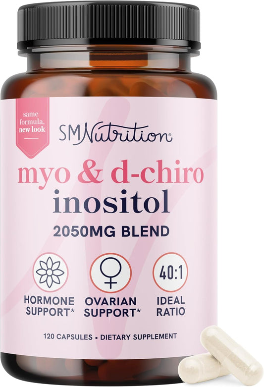 SMNutrition Myo-Inositol & D-Chiro Inositol Capsules for Women | Hormone Balance & Ovarian Health Support | 40:1 Ratio, 2000mg Myo-Inositol & 50mg D-Chiro | Menstrual Cycle & Ovarian Vitamins | 120 Count