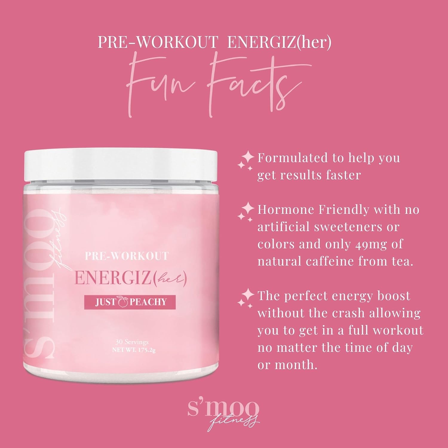 S'moo ENERGIZ(her) Pre Workout Powder - Just Peachy Flavor - 30 Servings - Energizing Preworkout Supplement